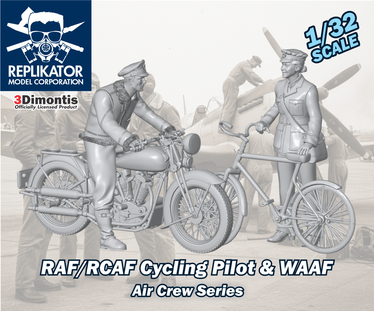 Model kit packaging for RAF/RCAF Cycling Pilot & WAAF featuring two figures with a motorcycle and bicycle.