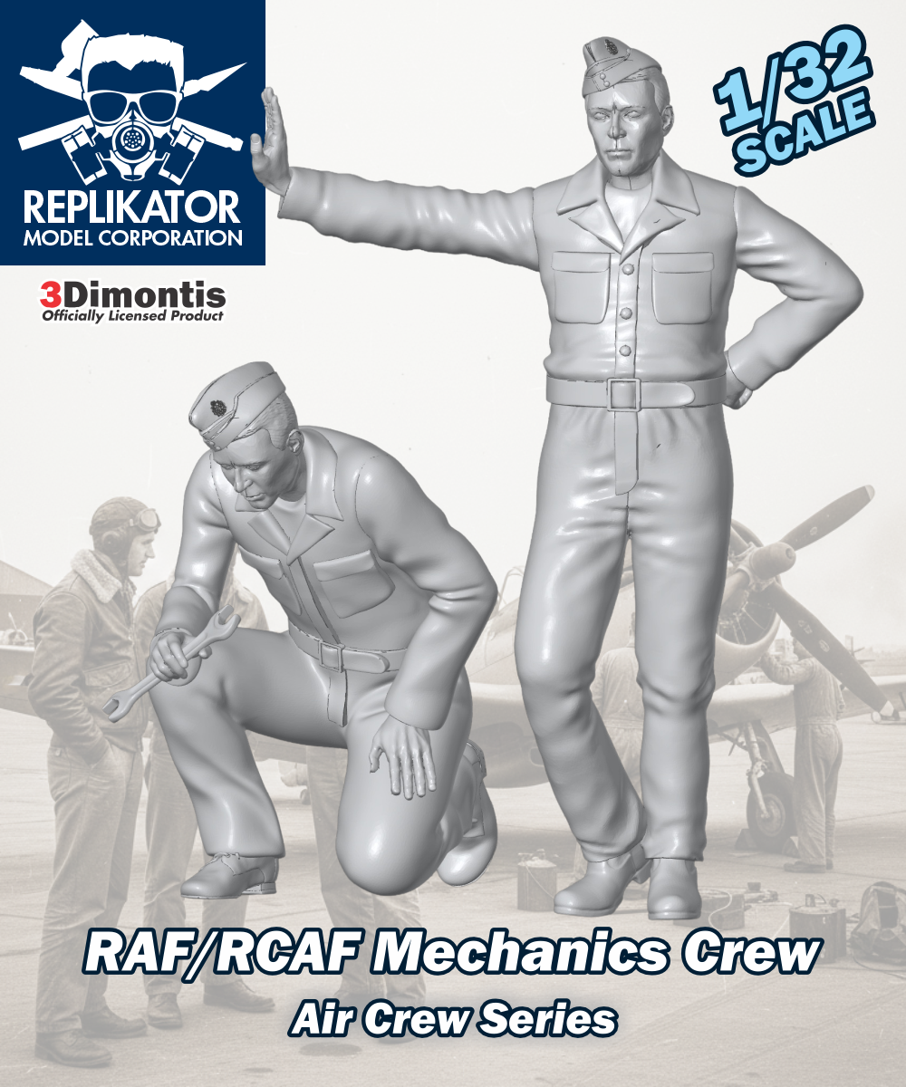 Model kit packaging for RAF/RCAF Mechanics Crew with Replikator Model Corporation branding.