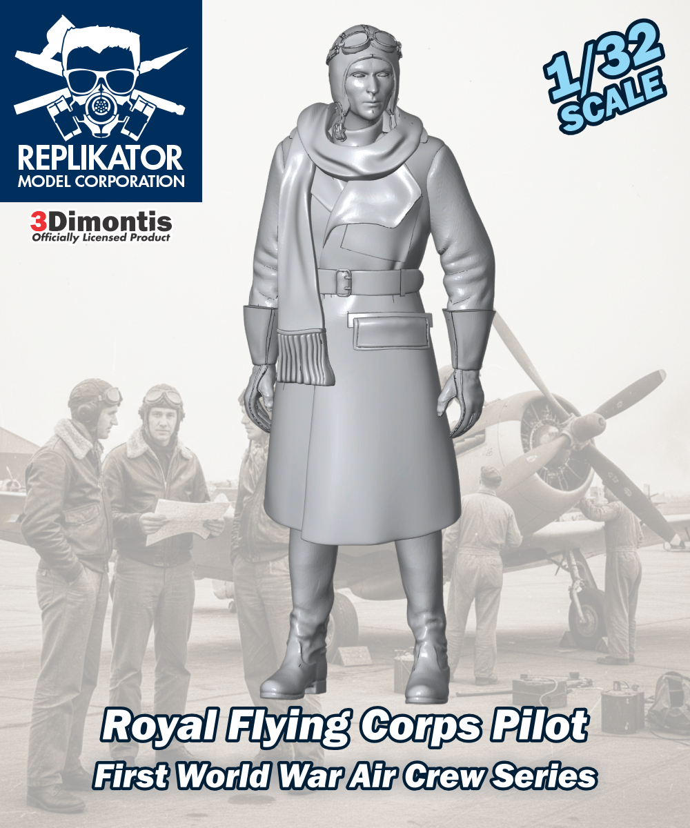 Model kit of a Royal Flying Corps Pilot with Replikator Model Corporation branding.