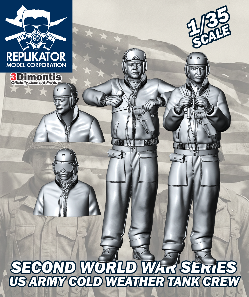 Model kit packaging for US Army Cold Weather Tank Crew with Replikator Model Corporation branding.