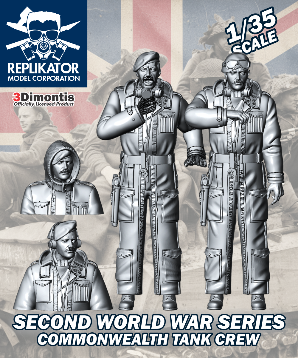 Model kit packaging for Commonwealth Tank Crew from Second World War series by Replikator Model Corporation.