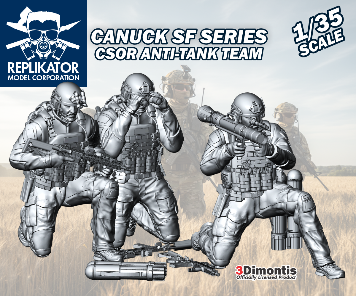 Model kit packaging for Canuck SF Series CSOR Anti-Tank Team with Replikator Model Corporation branding.