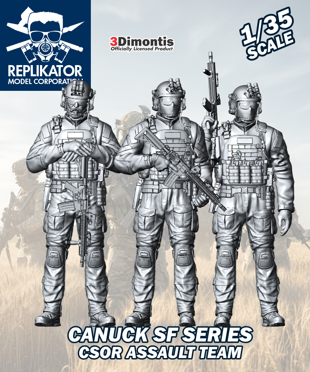 Model kit packaging for a Canuck SF Series CSOR Assault Team with Replikator Model Corps branding.