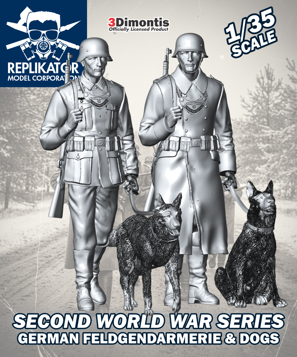 Model kit packaging for German Feldgendarmerie with dogs, featuring 3Dimontis branding.