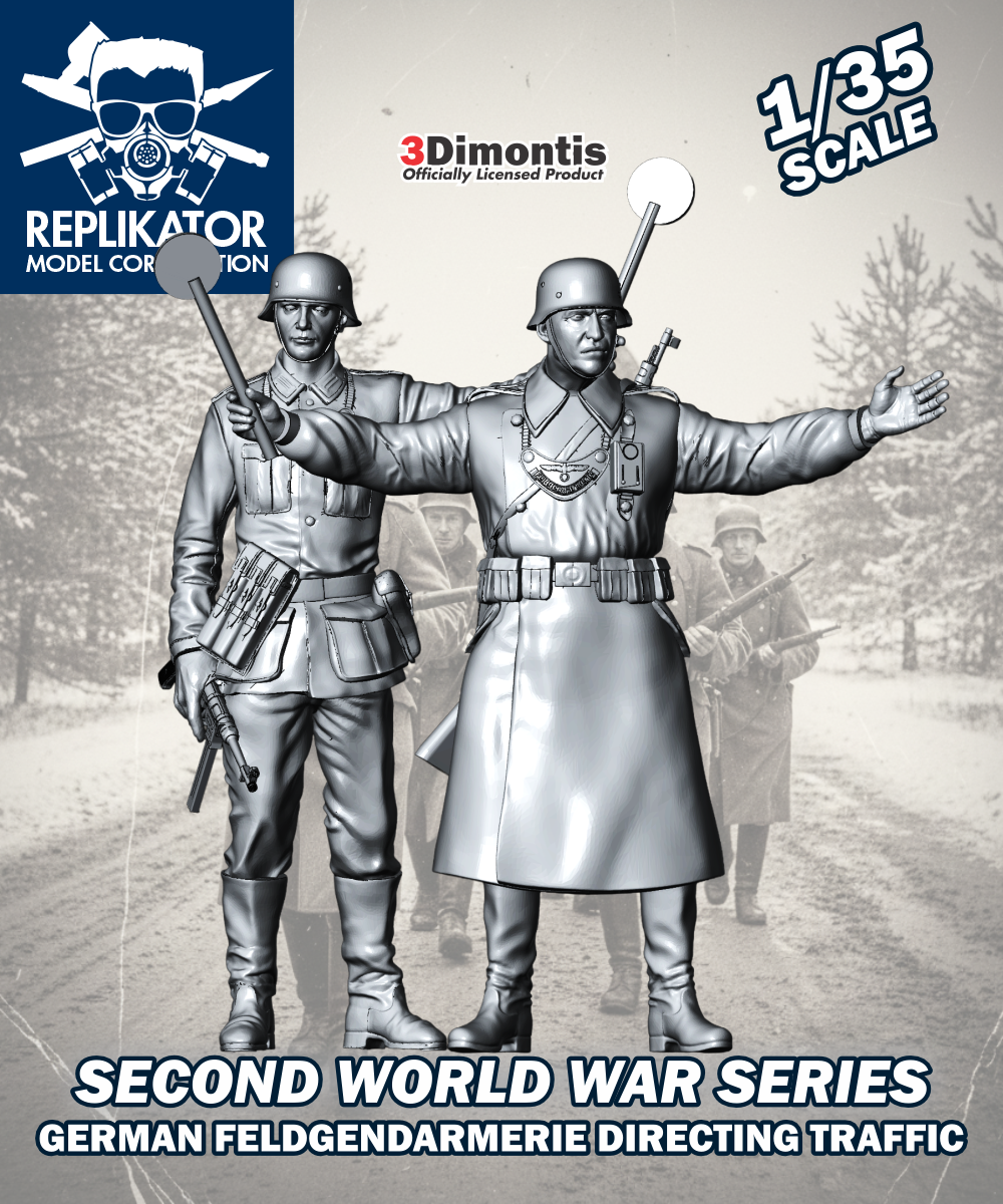 Model kit packaging for German Feldgendarmerie directing traffic, 1/35 scale, featuring Replikator Model Corporation branding.
