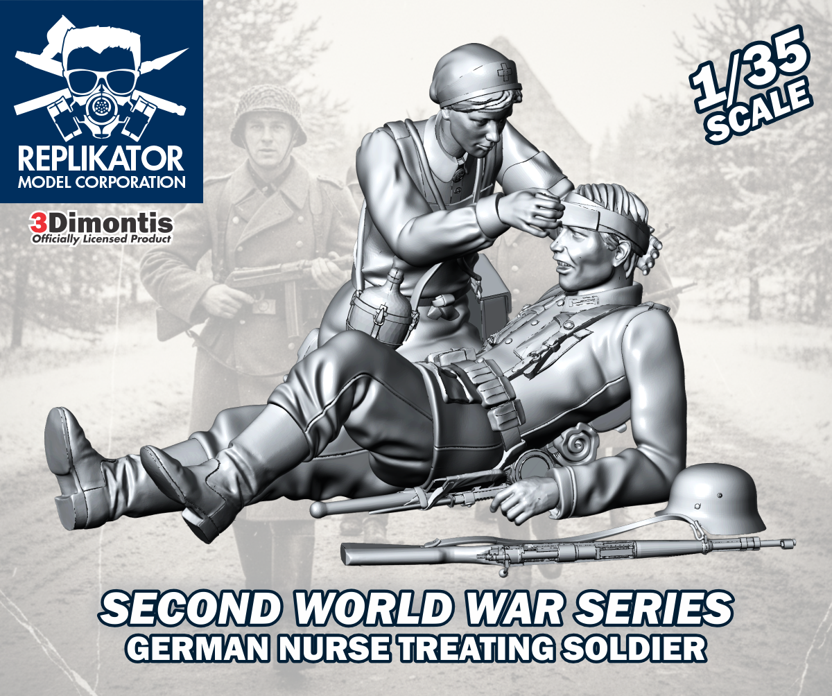 Model kit packaging for a German nurse treating a soldier from the Second World War series by Replikator Model Corporation.