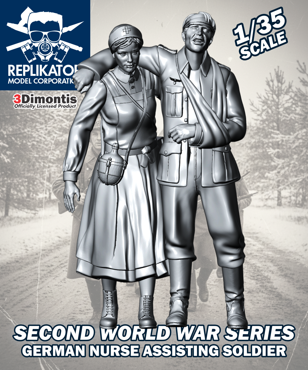 Model kit of a German nurse assisting a soldier with Replikator Model Corporation branding.