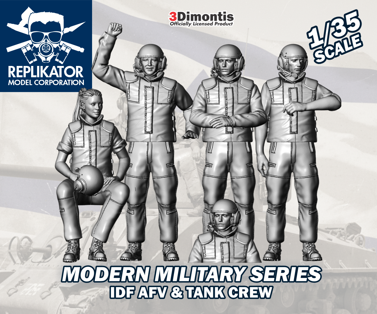 Model kit packaging for IDF AFV & Tank Crew figures by 3Dimontis, featuring Replikator Model Corporation branding.