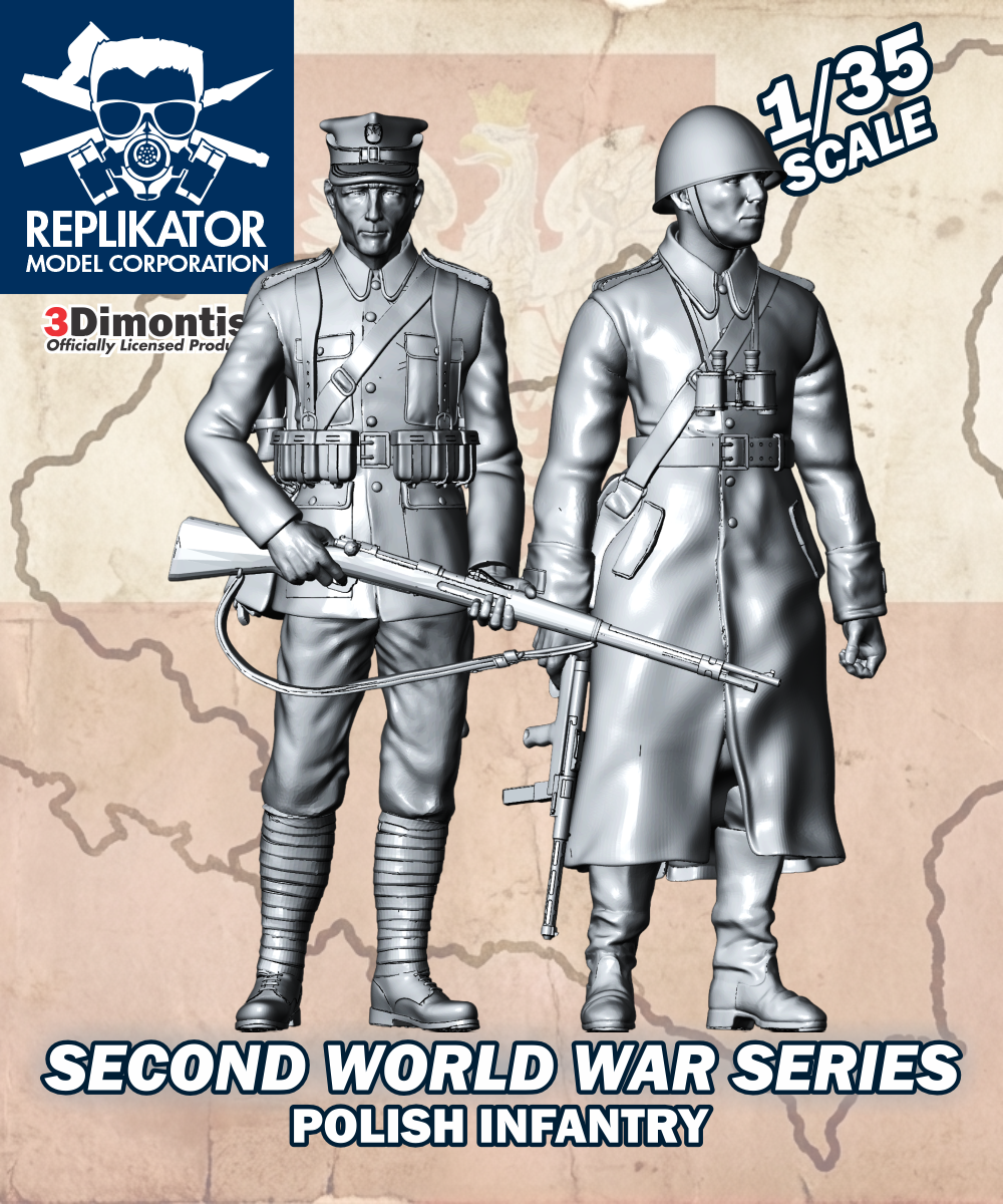 Two model figures of Polish infantry from World War II on a map background with Replikator Model Corporation branding.