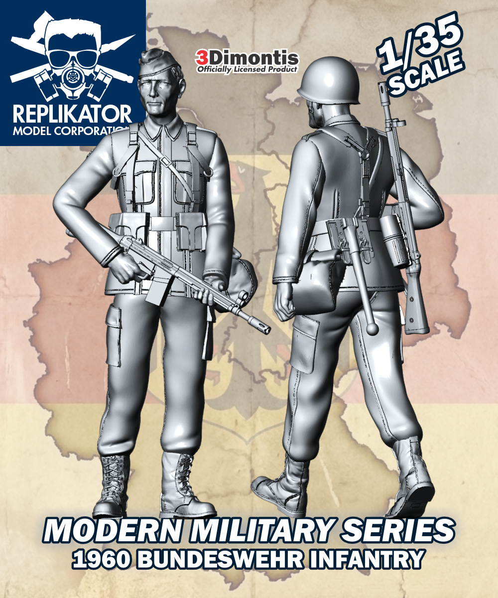 Model kit packaging for 1960 Bundeswehr Infantry in 1/35 scale by Replikator Model Corporation.