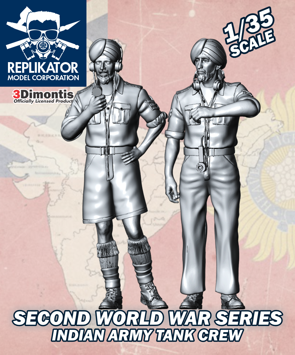 Model kit packaging for Indian Army Tank Crew figures by Replikator Model Corporation on a world map background.