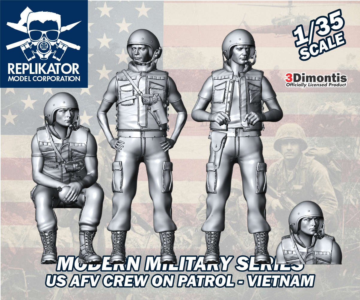 Model kit packaging for US AFV crew on patrol in Vietnam with Replikator Model Corporation branding.