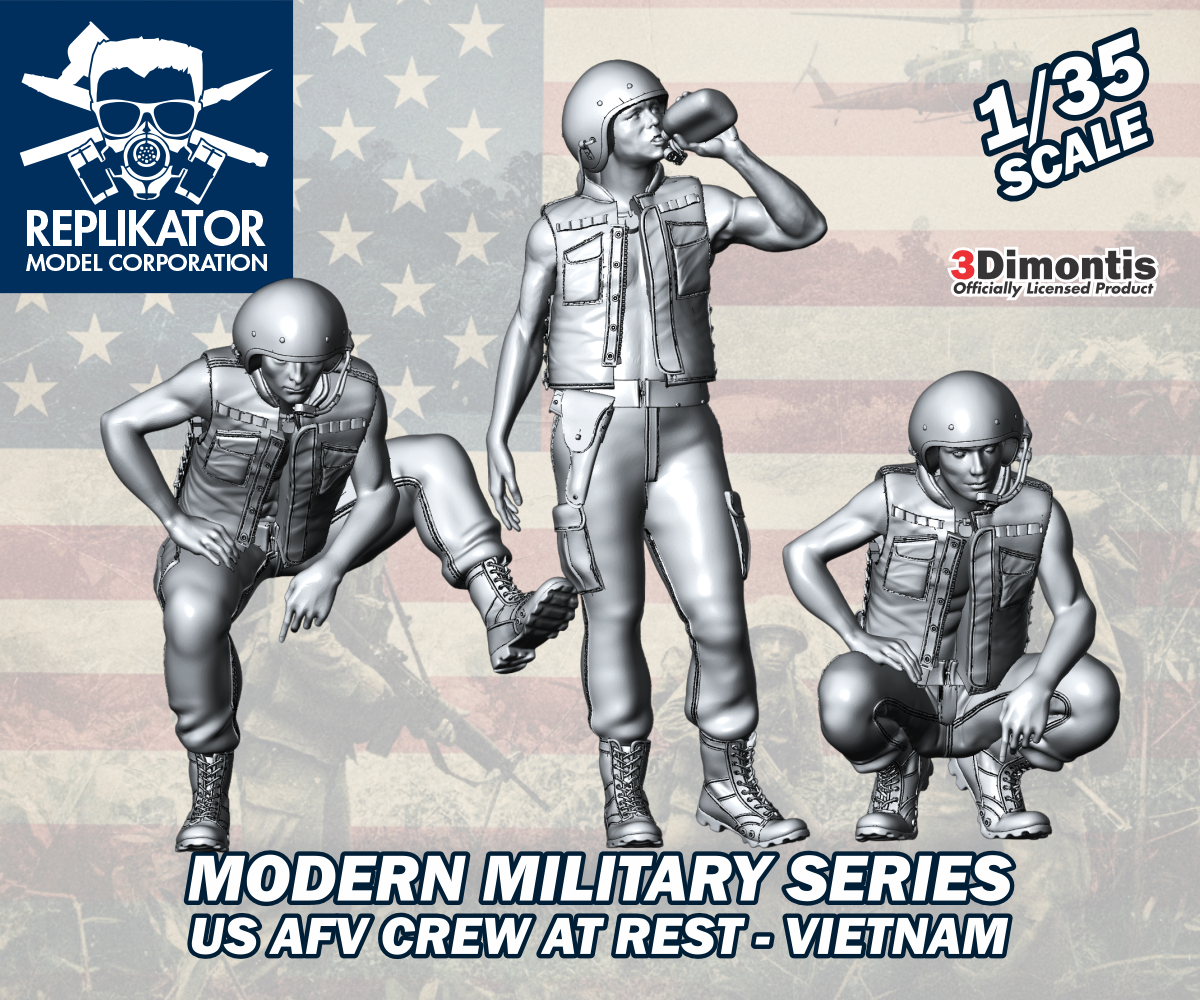Model kit packaging for modern military series US AFV crew figures with Replikator Model Corporation branding.