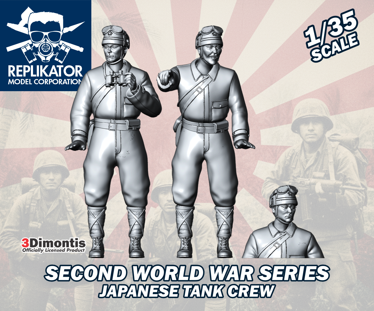 Model kit packaging for Japanese tank crew figures with Replikator Model Corporation branding.