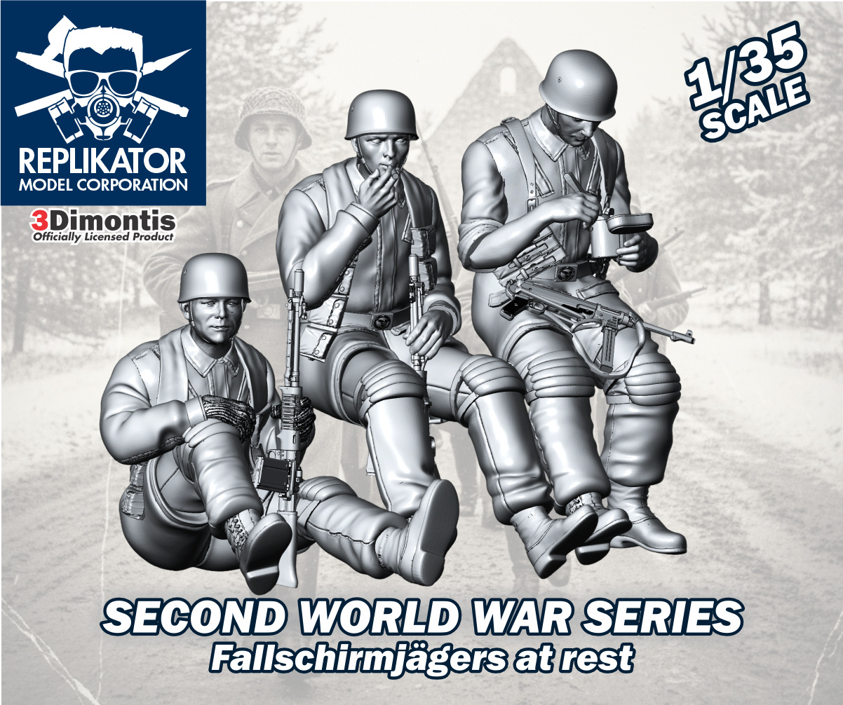 Model kit packaging for Replikator Model Corporation's Second World War Fallschirmjäger at rest figures.
