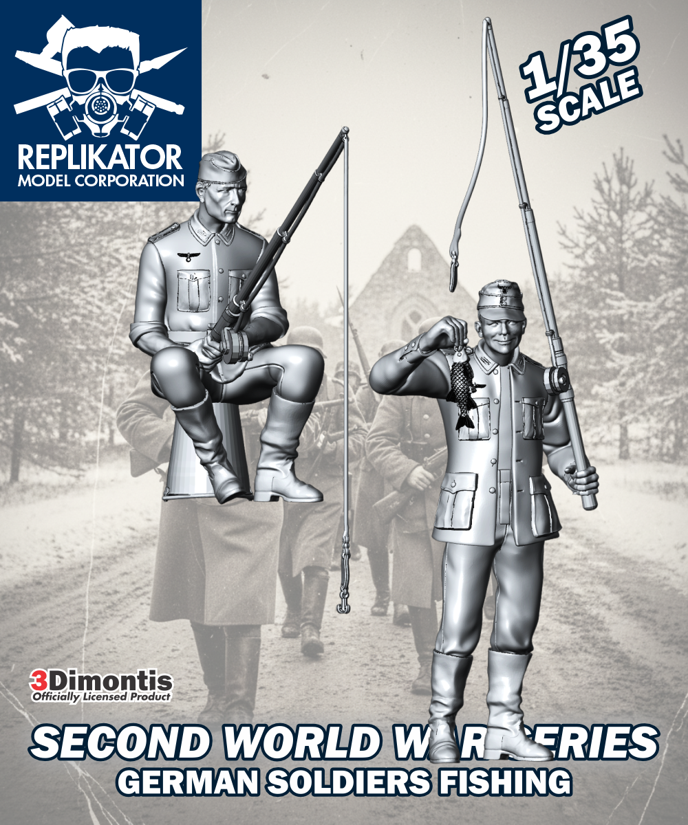 Model soldiers in World War II attire with Replikator Model Corporation branding.