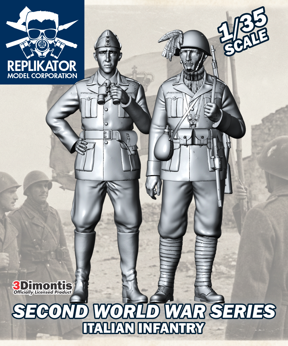 Model figures of Italian infantry from World War II with Replikator Model Corporation branding.