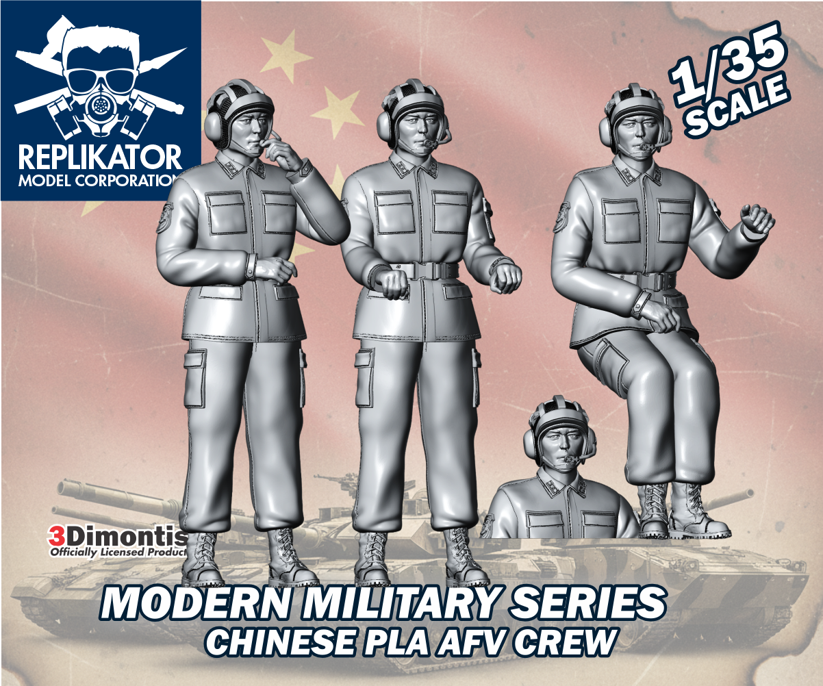 Model kit of Chinese PLA AFV crew in 1/35 scale by Replikator Model Corporation on a military-themed background.