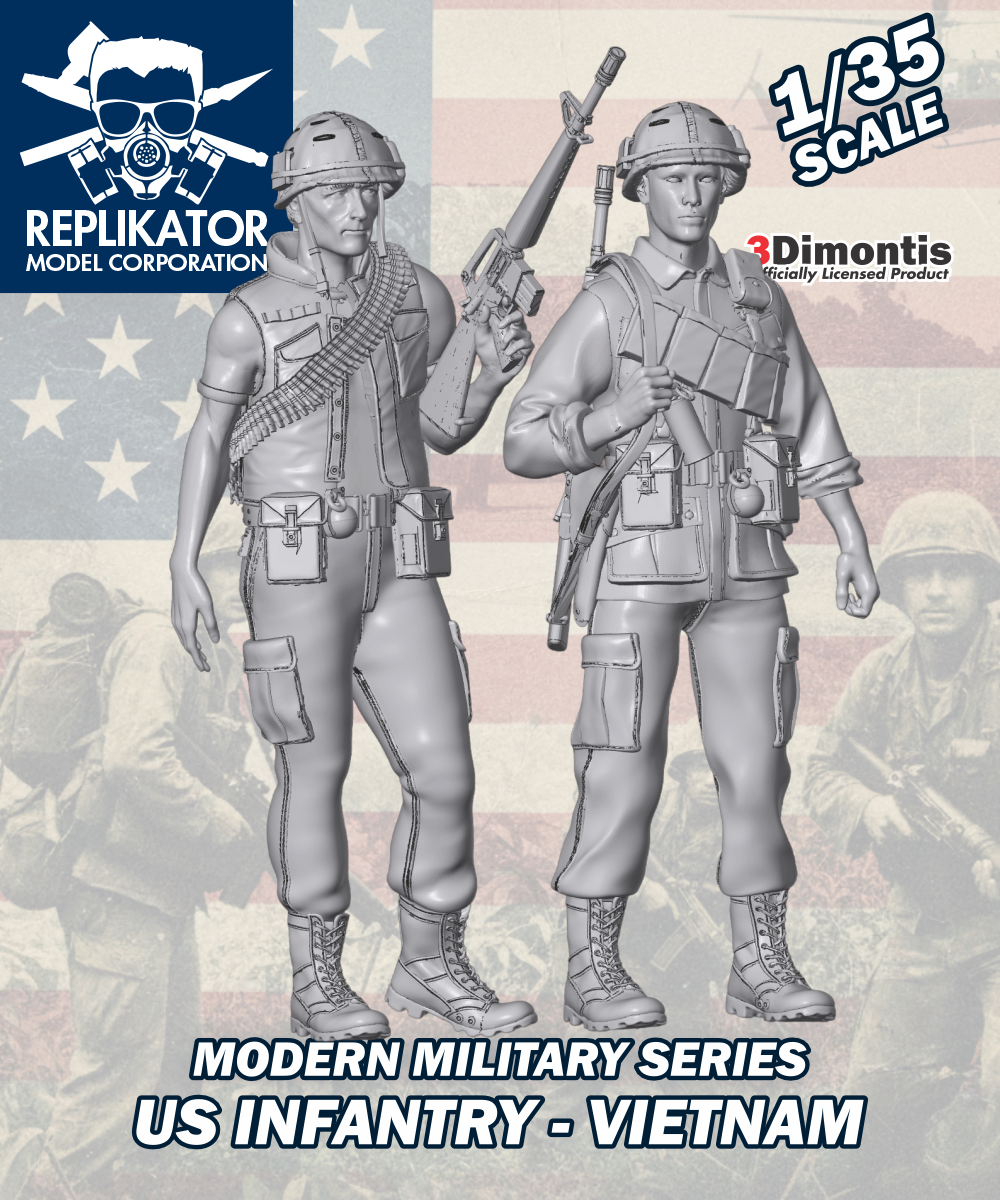 Model kit packaging for US Infantry from Vietnam with Replikator Model Corporation branding.