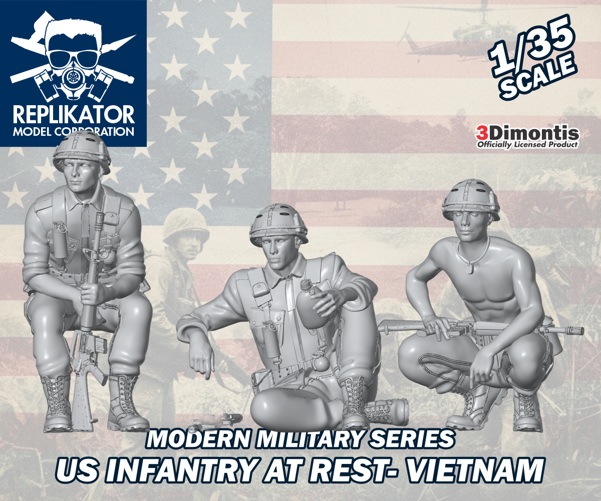 Model kit packaging for US infantry figures from Vietnam with American flag background