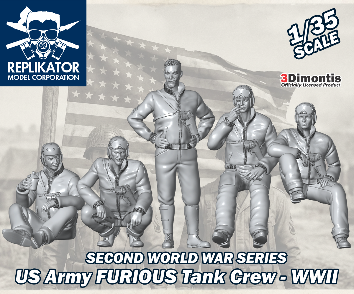 Model kit packaging for US Army FURIOUS Tank Crew from WWII with Replikator Model Corporation branding.