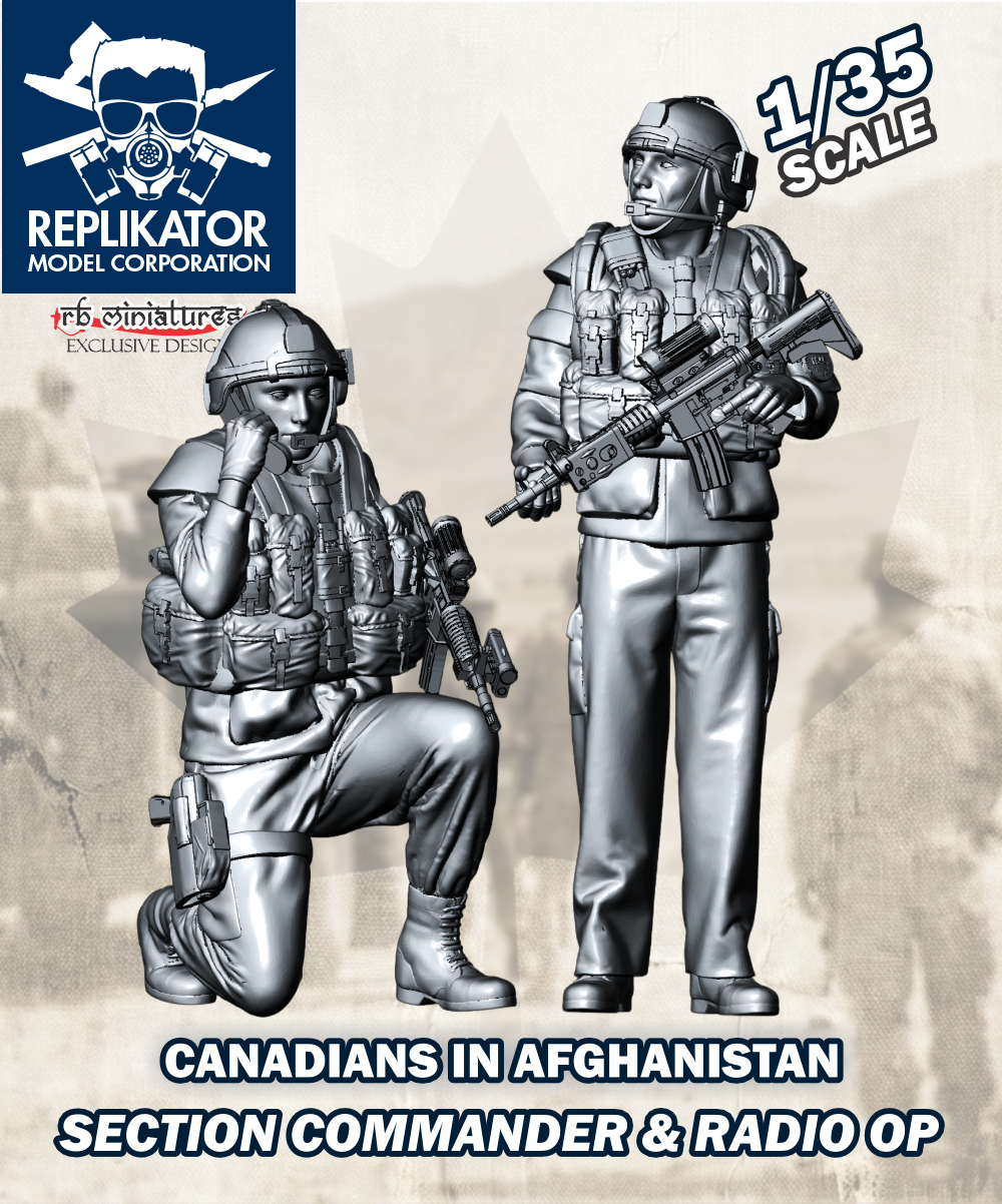 Model kit packaging for two soldiers in Afghanistan with Replikator Model Corporation branding.