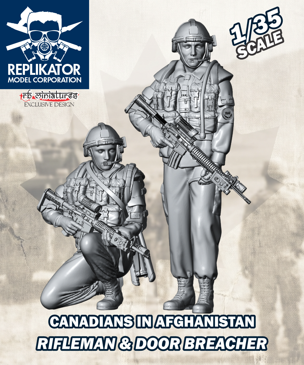 Model kit packaging for 'Canadians in Afghanistan' rifleman and door breacher with Replikator Model Corporation branding.
