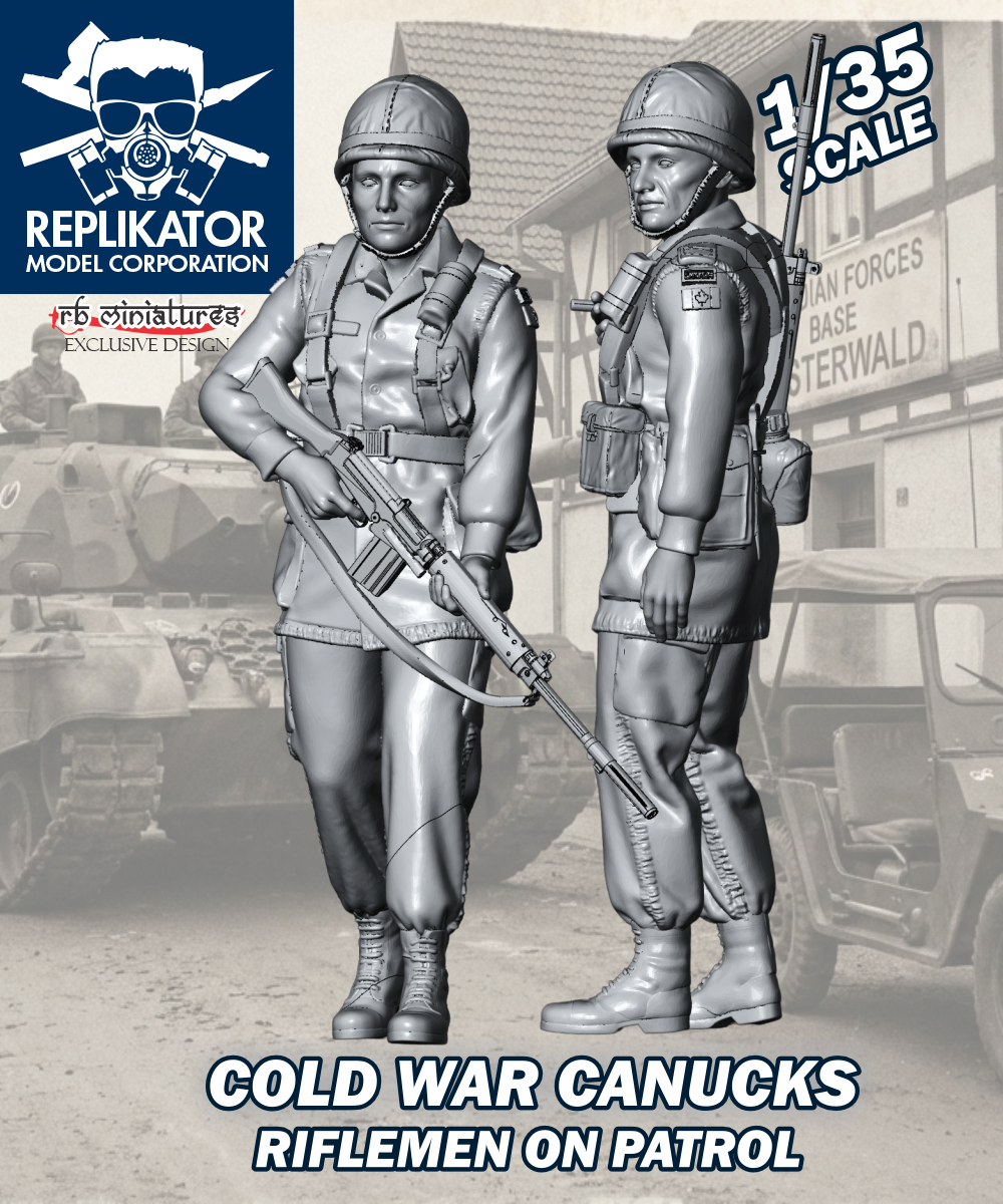 Model figures of Cold War Canuck riflemen on patrol with Replikator Model Corporation branding.