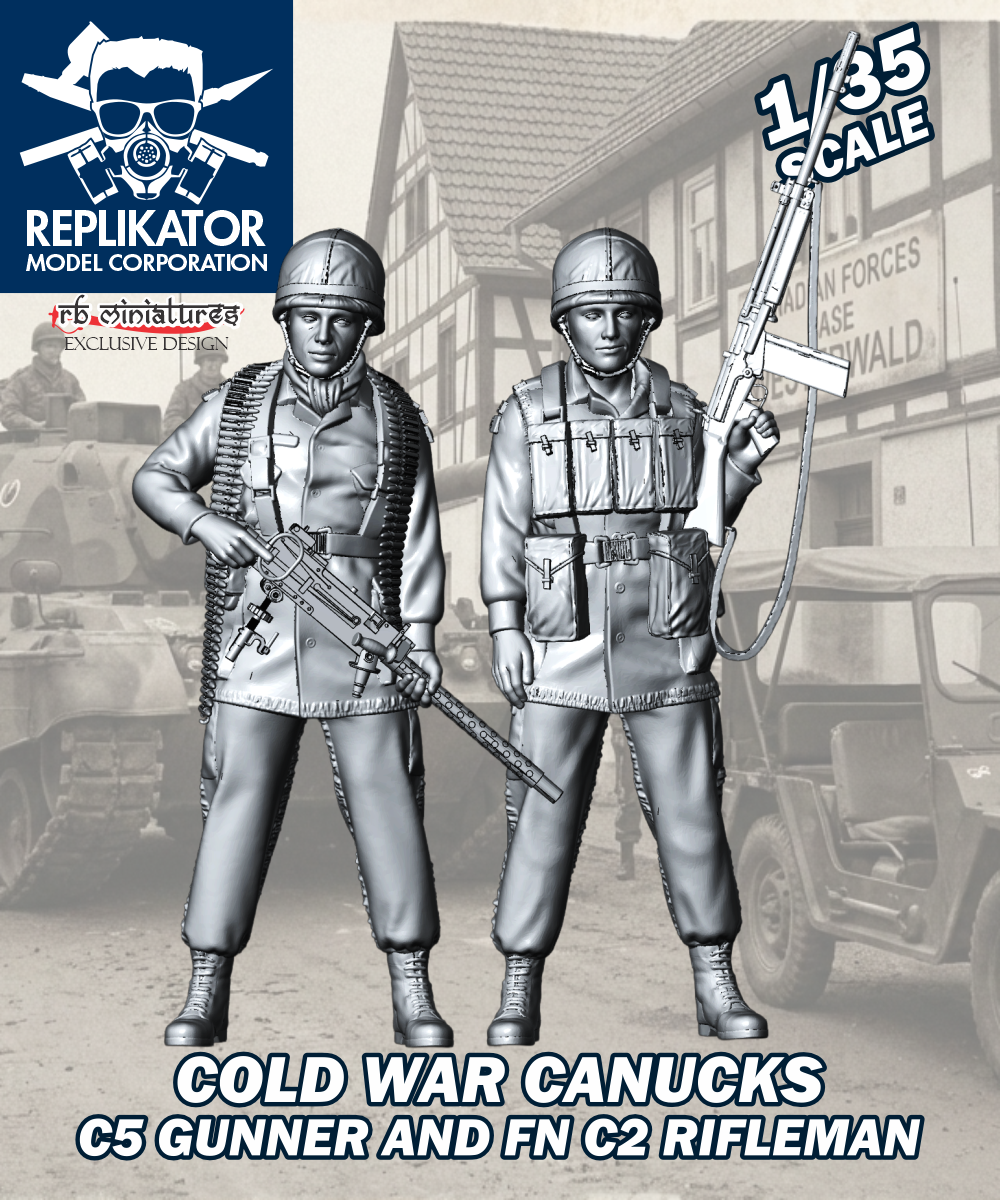 Model figures of Cold War Canucks C5 Gunner and FN C2 Rifleman with Replikator Model Corporation branding.