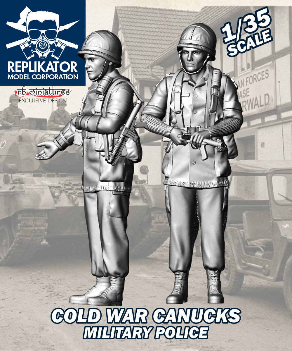 Model kit of Cold War Canucks military police figures with Replikator Model Corporation branding.