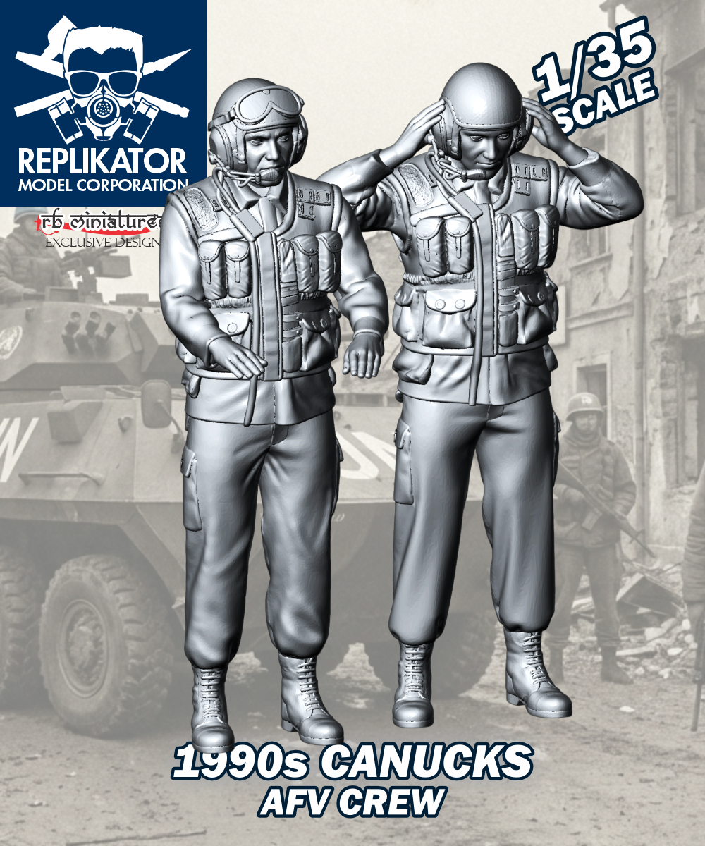 Model kit of 1990s Canucks AFV crew in 1/35 scale with Replikator Model Corporation branding.