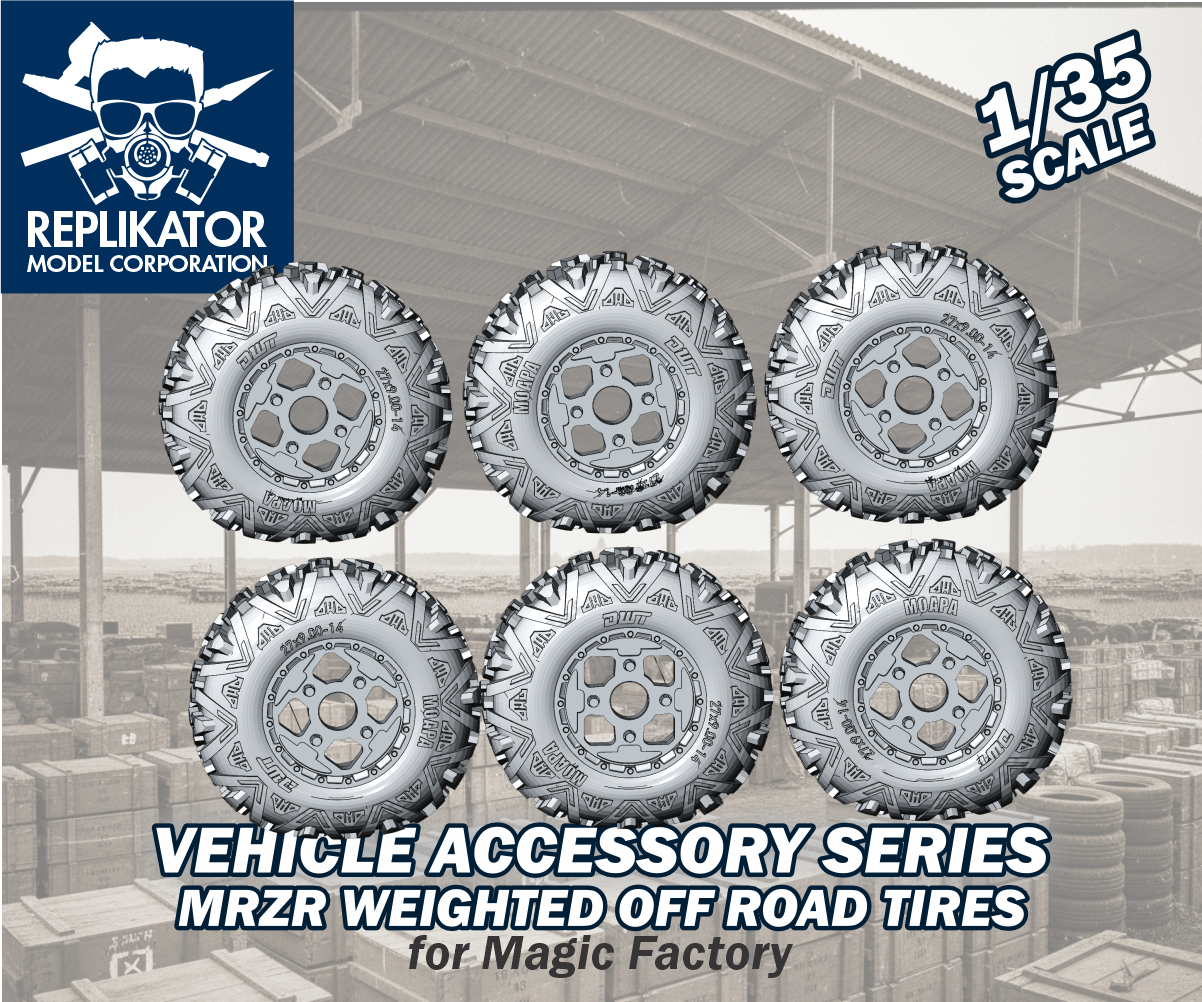 Model vehicle tires with Replikator Model Corporation branding on a warehouse background.