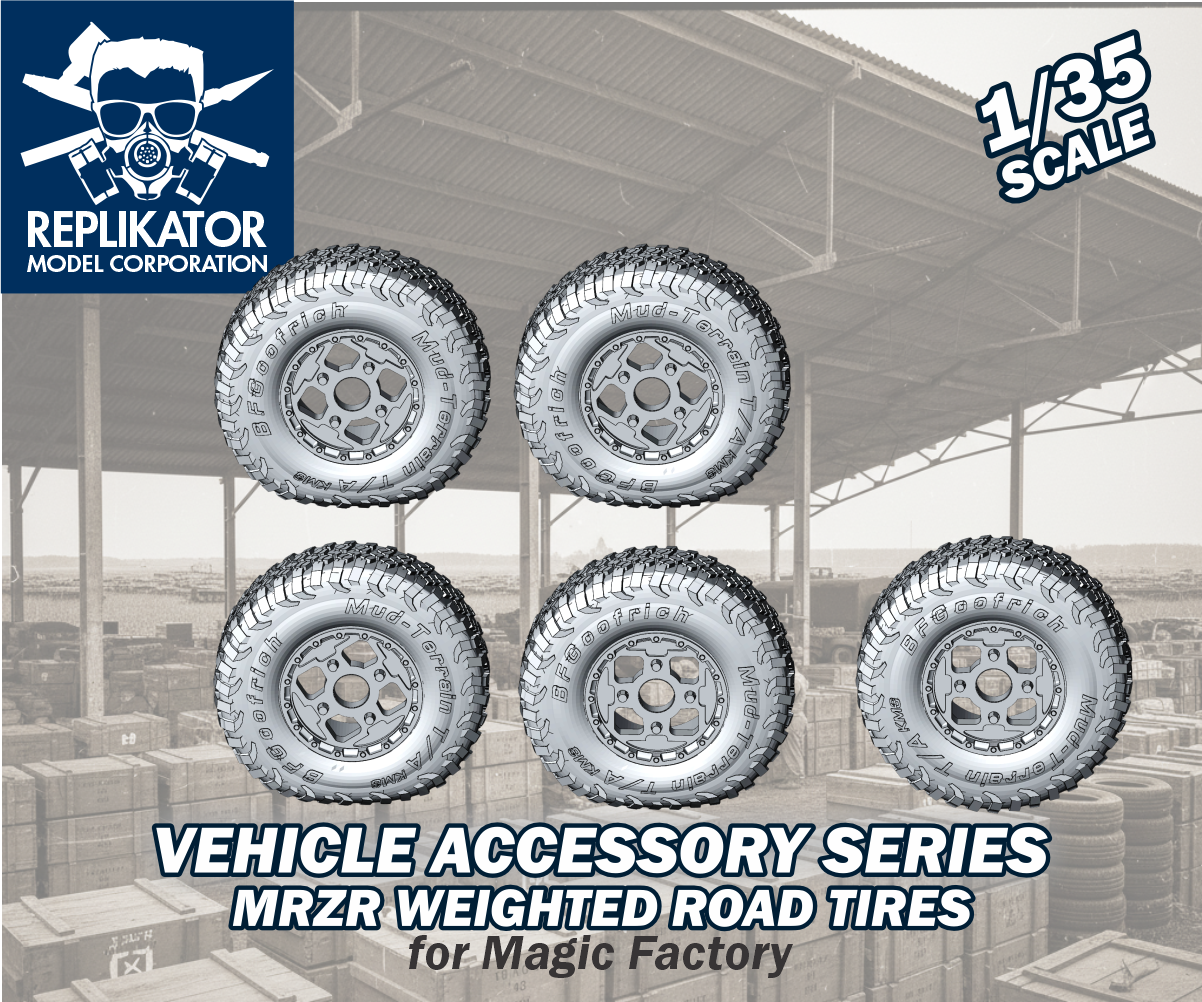 Model vehicle tires with Replikator branding on a warehouse background