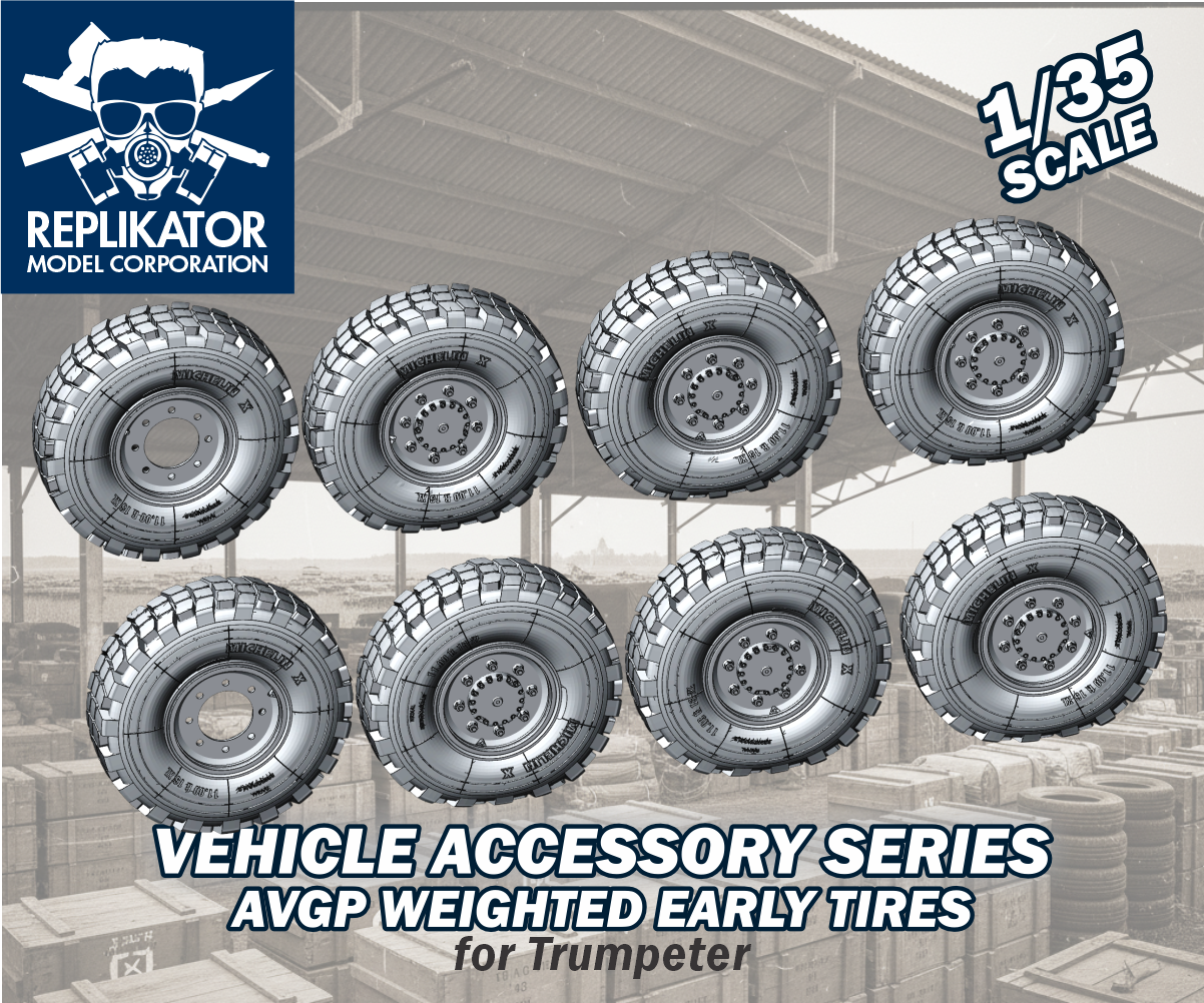Model vehicle tires for Trumpeter, featuring Replikator Model Corporation branding.