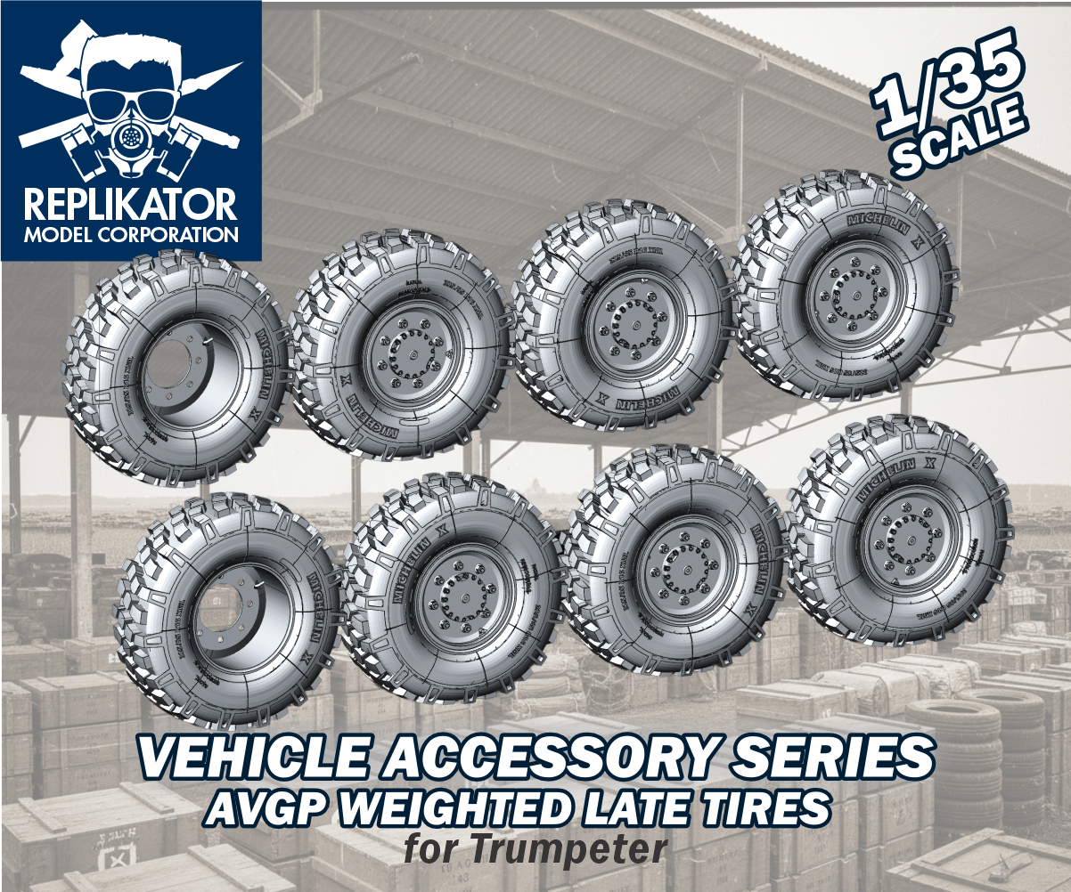 Model vehicle tires for Trumpeter, labeled 'Replikator Model Corporation' with scale information.
