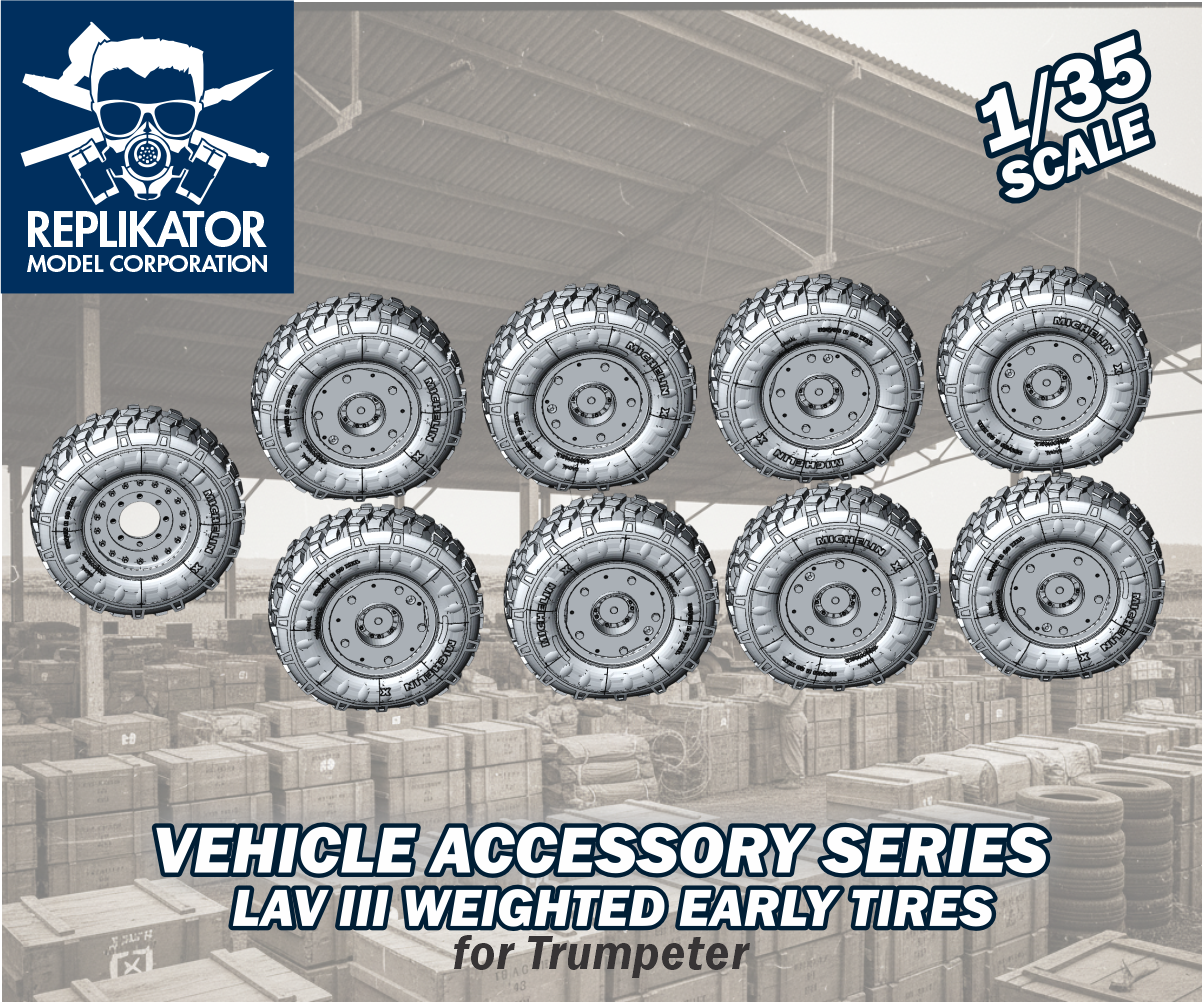 Model vehicle tires for LAV III with Replikator Model Corporation branding on a warehouse background.