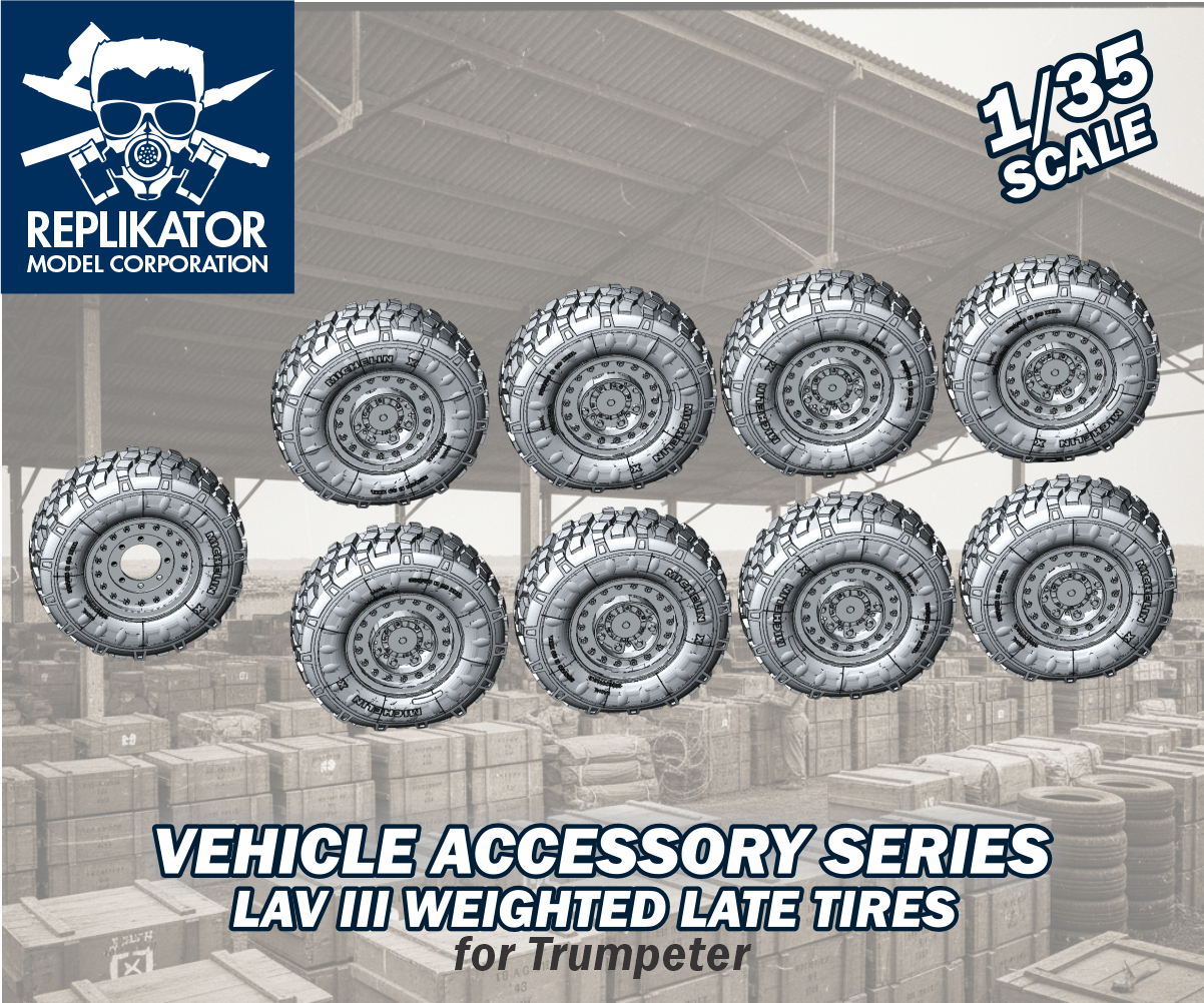 Model vehicle tires for Trumpeter with Replikator Model Corporation branding on a warehouse background.