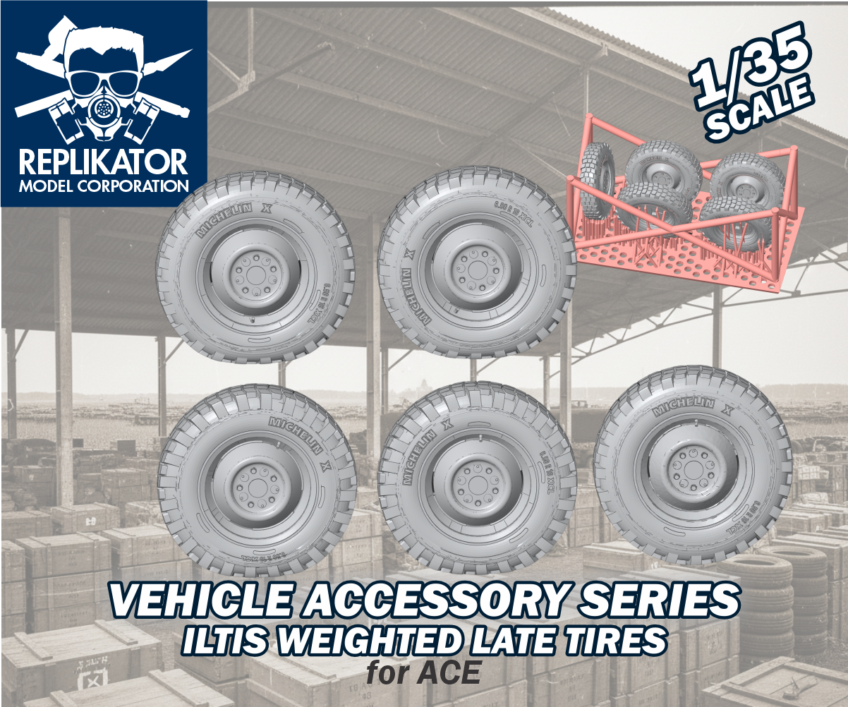 Model vehicle tires with Replikator Model Corporation branding on a warehouse background.