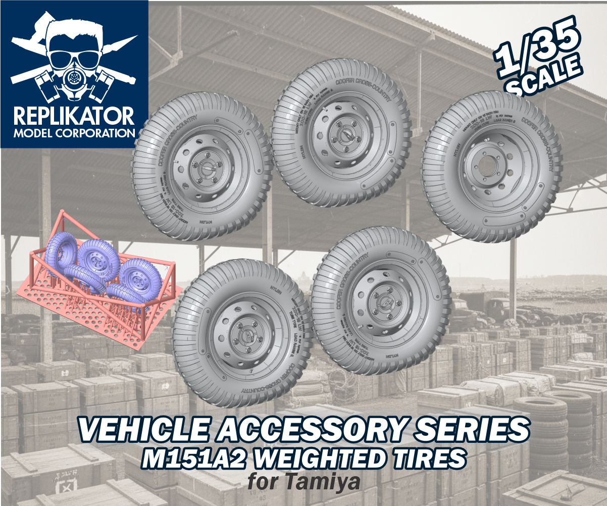 Model vehicle tires for Tamiya with Replikator Model Corporation branding on a warehouse background.