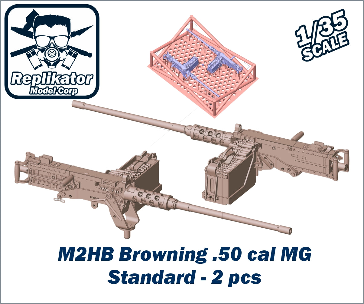 Model of M2HB Browning .50 cal MG with packaging on a white background, featuring Replikator Model Corp branding.