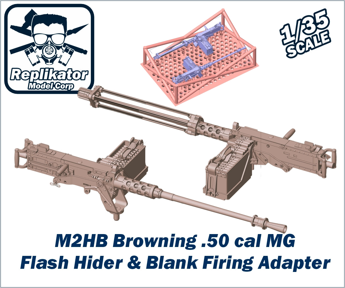 Model kit of M2HB Browning .50 cal MG with flash hider and blank firing adapter, scale 1/35, by Replikator Model Corp.