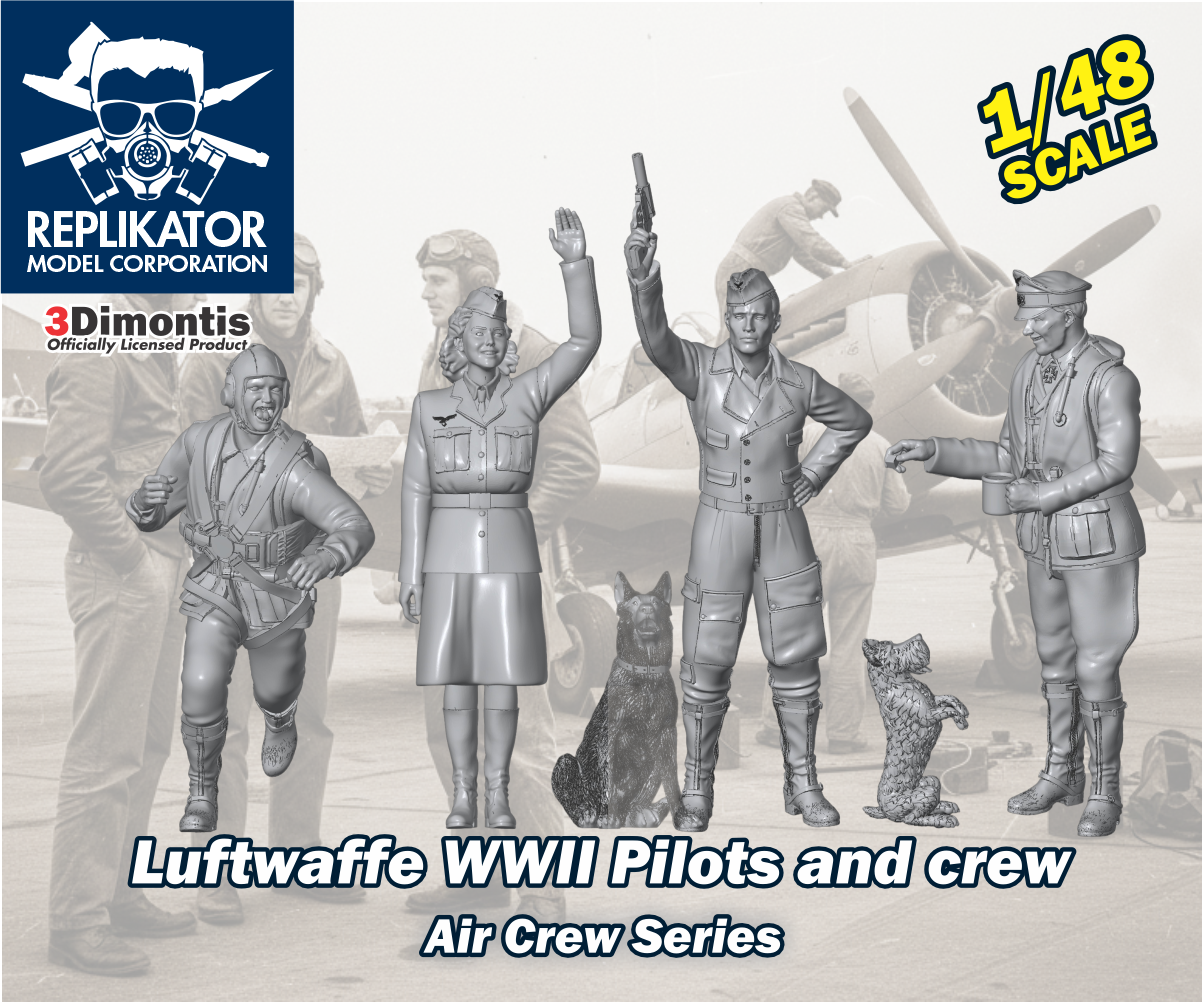 Model kit packaging for Luftwaffe WWII Pilots and crew with Replikator Model Corporation branding.