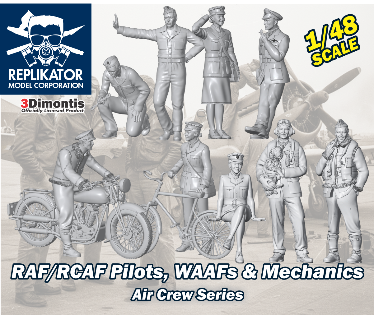 Model figures of RAF/RCAF Pilots, WAAFs & Mechanics by Replikator Model Corporation on a gray background.