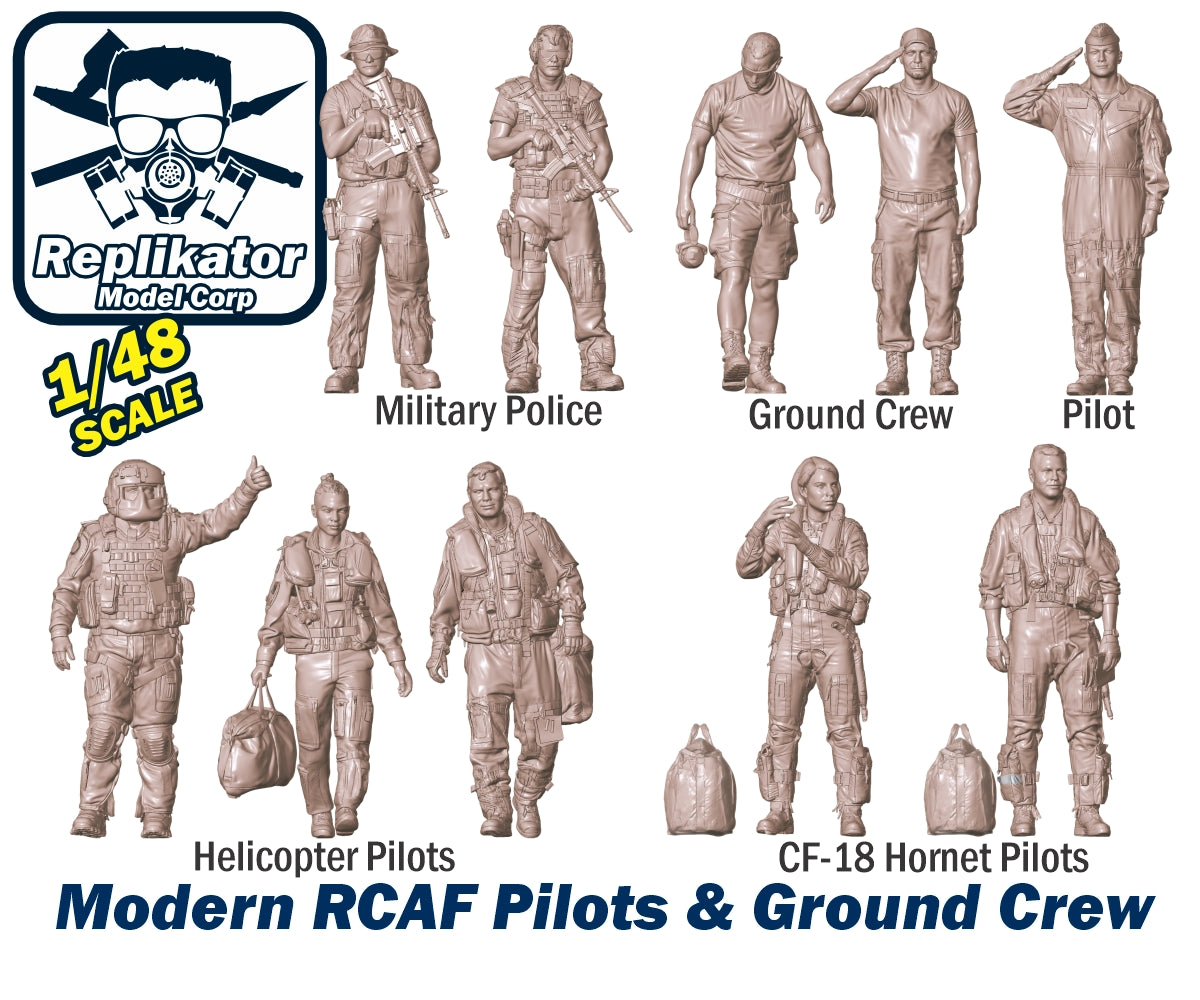 Model figures of modern RCAF pilots and ground crew with Replikator Model Corp branding.