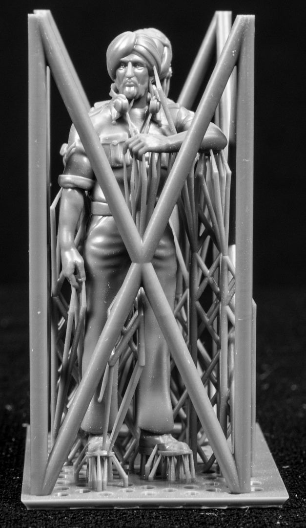 Two figures in a cage on a black background