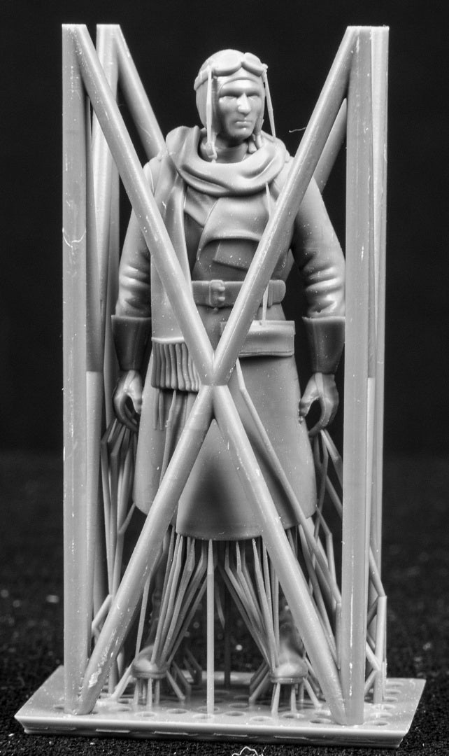 Model figure of a pilot behind a protective grid on a black background