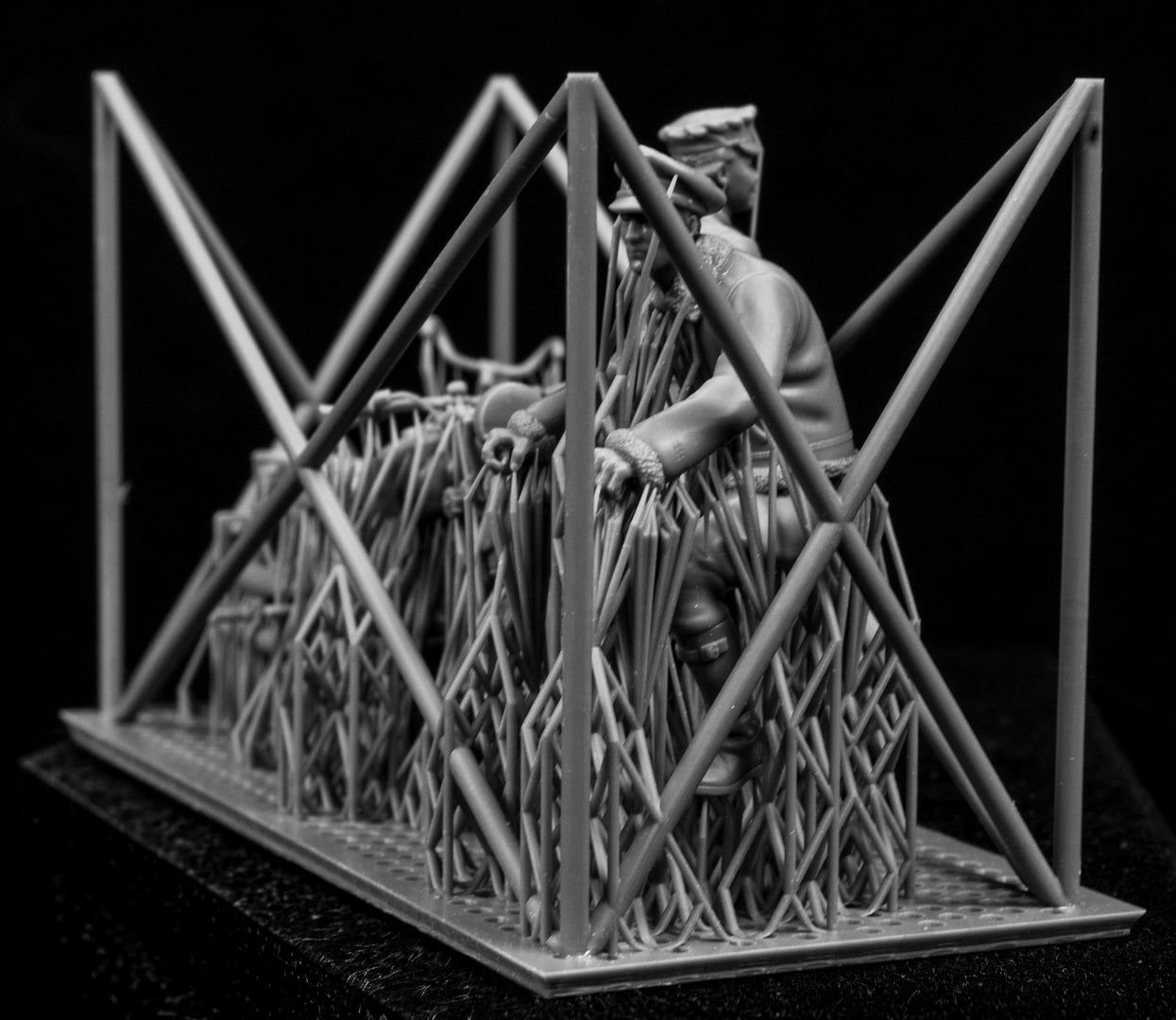 3D printed 1/32 RCAF & Commonwealth Cycling Pilot and WAAF. Two figures, a motorcycle and bicycle on a frame with a black background.